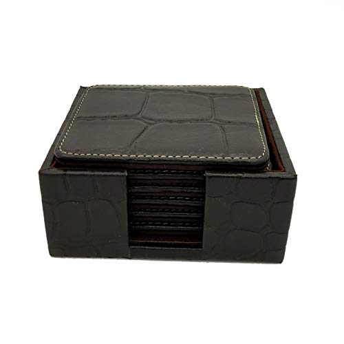 Image of Genuine Leather Square Shaped Coasters Set of 6| Heat-Resistant, Durable & Non-Slip Coasters for Home & Office I Perfect for Any Beverage (Color - Black)