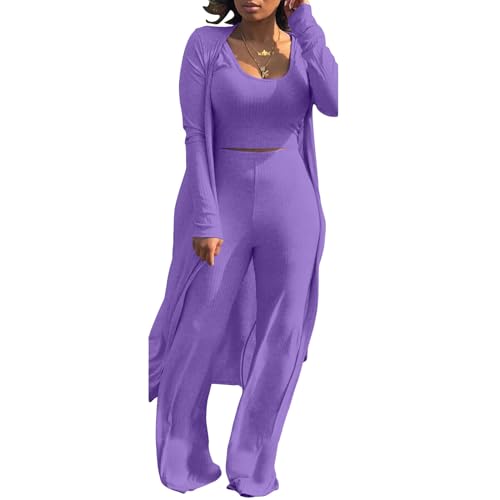 Image of Women's 2 Piece Outfits Set Ribbed Short Sleeve Casual Crop Top Wide Leg Pants Suit Set