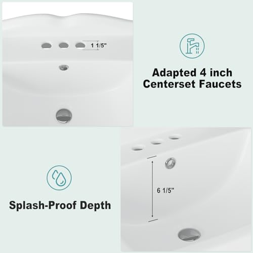 Bathroom Pedestal Sink, 26 Inch x 22 Inch Rectangular Ceramic Basin with 3 Faucet Holes (4 Inch Centerset), Ideal for Family Bathrooms