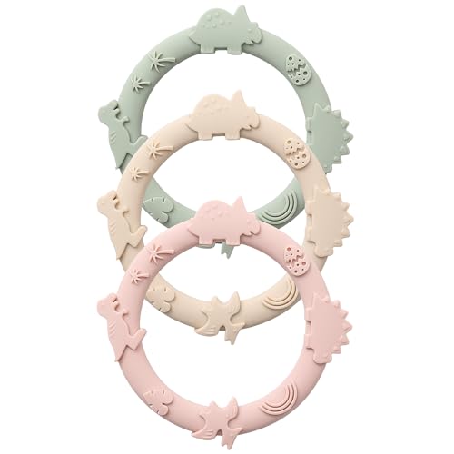Image of YIVEKO Silicone Teethers for Babies 0-6 6-12 Months Teething Toys for Infants Baby Chew Toys for Sucking Needs Baby Teething Rings for Infant Boys and Girls 3 Pack-Dinosaur-Blush
