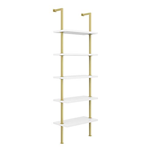 Nathan James Theo 5-Shelf Modern Bookcase, Open Wall Mount Ladder Bookshelf with Industrial Metal Frame, White/Gold by Nathan James - Image 8