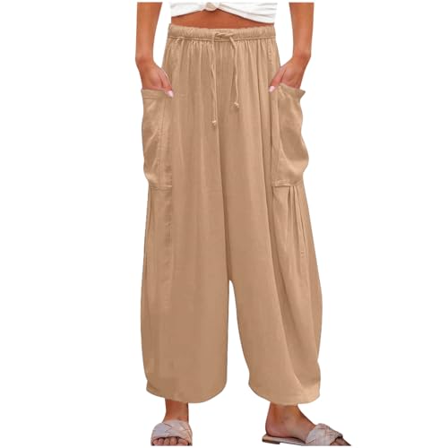 Women's Wide Leg Capri Pants Casual Loose Fit Lantern Trousers Drawstring Elastic Waist Pants