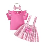 Dazzerake 3-teiliges Set für Babys und Mädchen, Sommer, niedliches Baby-Outfit, Rüschenärmel, kurzer Rock, hängend, gepunktet, Set für Kinder, Mädchen, mit Stirnband, Rosa, 2-3 Jahre