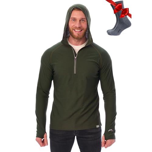 Image of Merino.tech 100% Merino Wool Hoodie Men - Slim Fit Merino Wool Base Layer Mens Half Zip Thermal Long Sleeve Shirt and Socks