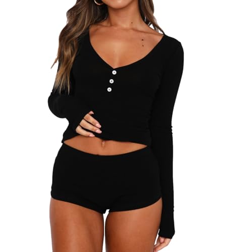 Image of INFITTY Womens Sexy Vneck 2 Piece Sets Casual Long Sleeve Button Short Pajama Outfit 2026 Trendy Crop Top Nightwear