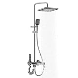 4-Function Shower Mixer Set with Rainfall Overhead, 3-Spray Handheld, Pull-Out Spray Gun & Tap, Height Adjustable Riser Bar, Grey Titanium Colour