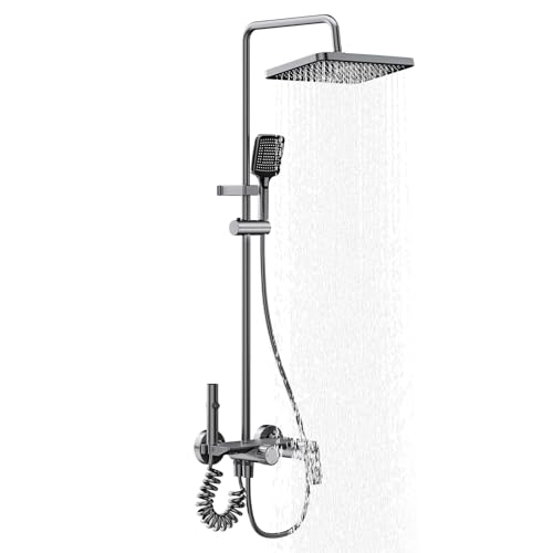 4-Function Shower Mixer Set with Rainfall Overhead 3-Spray Handheld Pull-Out Spray Gun & Tap Height Adjustable Riser Bar Grey Titanium Colour