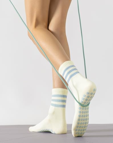 Image of Yawlsow Cute Pilates Grip Socks for Women Ruffle Frilly Yoga Socks Non Slip Cotton Crew Grippy Sock for Barre Workout