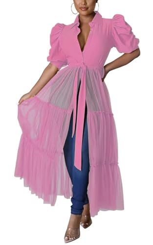 Image of Ekaliy Women's Casual Mesh See Through Shirts Long Dresses with Belt V Neck Button Down Club Party Outfit