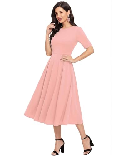 Image of LONDON BELLY Women's Poly Cotton Midi Dress with Round Neck 3 /4 Sleeves Solid Pattern Regular Fit and Calf Length | Women Midi Dress | Casual Party Summer for Womans