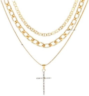 O'rengela Layered Chain Necklace with Crystal Cross Pendant, Gold-Tone, Gold Plated Layered Choker Necklace for Women Western Necklace Jewelry Accessory