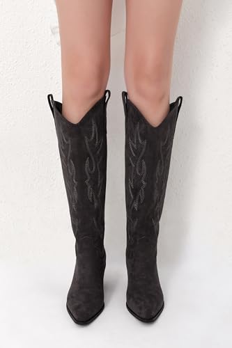 Image of iiimmu Cowgirl Boots Women Knee High Boots Pointed Toe and Block Heel Cowboy Suede and Faux Leather Boots with Embroidered