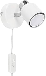 Pair of - Modern White and Chrome Single Adjustable Wall Spotlights with Practical Plug, Cable and Switch - Complete with 5w GU10 LED Bulbs [3000K Warm White]