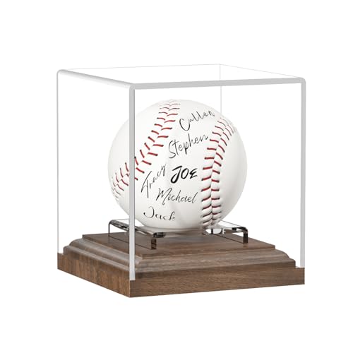 Baseball Display Case for Balls Walnut Wood Base Acrylic Baseball Holder Display Case Uv Protection Baseball Cube Box Stand Memorabilia Autograph Ball Ideal Gift for Official Size Ball Display