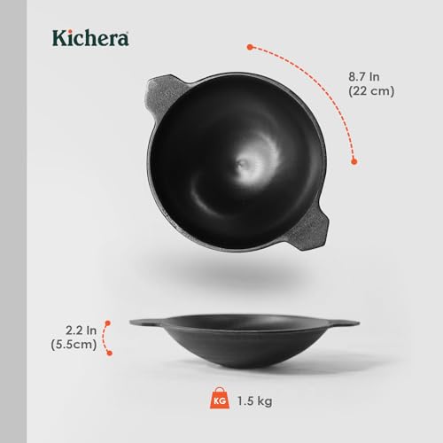 Image of Kichera Pre-Seasoned Cast Iron Polished Appa Chatti |Appam Pan | Appam Patra | Kallu,100% Toxin-Free, Naturally Non-Stick, 8.7Inch /22Cm,1.5Kg, 1 Litre