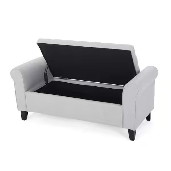 Image of Storage Ottoman Bench with Armrest | Upholstered Tufted Sofa Bench with Hidden Storage | Bedroom Living Room Entryway Seating | Modern Lounge Bench Footrest Seat with Lift Top | Silver Fabric