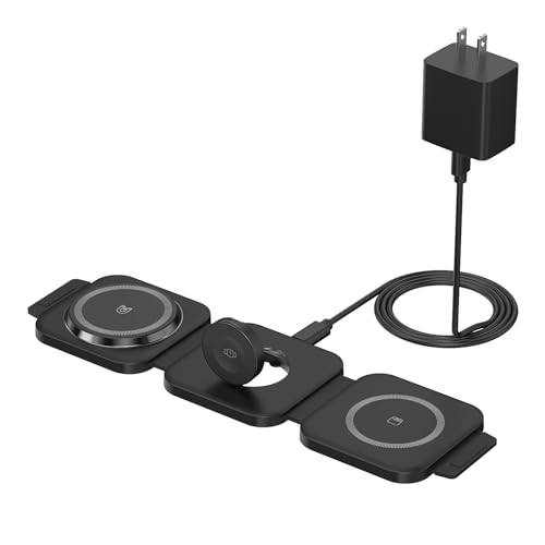 Wireless Charging Station for Apple Multiple Devices - 3 in 1 Foldable Magnetic Wireless Charger - Travel Charging Pad for iPhone 16 15 14 13 12 Pro Max Plus Watch & AirPods (Black)