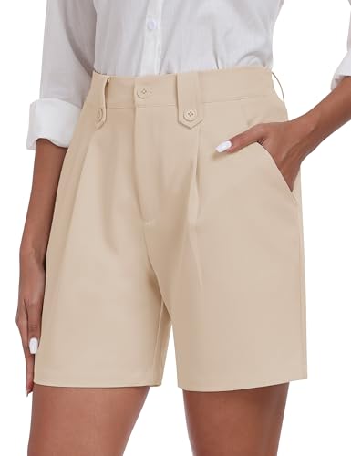 MoFiz Dress Shorts for Women Business Casual Summer Pleated Tailored Elastic Waist Work Office Trouser Shorts with Pockets