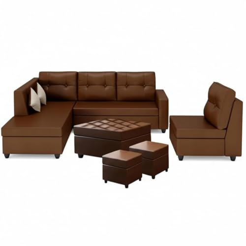Image of FURNY Nathan 8 Seater Leatherette LHS L Shape Sofa Set with 1 Centre Table & 2 Puffy (Brown) Premium Finish | Durable Comfort | Ideal for Living Room