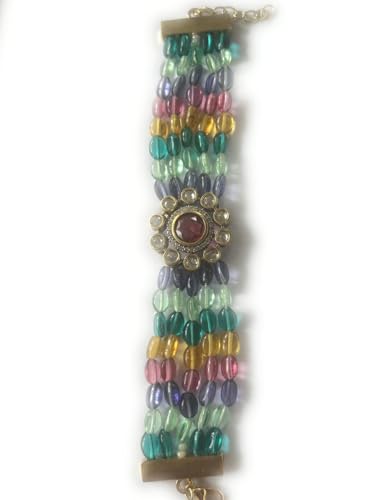 Image of Rakhi Loomba Multi-Strand Glass Bead Bracelet with Kundan Flower Centre, Turquoise Pink Yellow Purple Beads, Gold-Tone Clasp