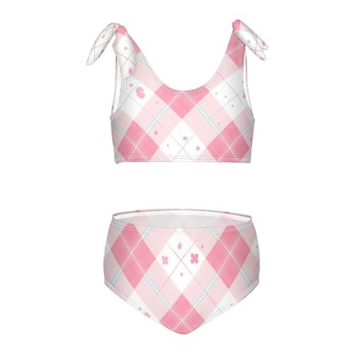 Pink Gingham Cute Girl 2 Pieces Kids Bikini Set Scoop Neck Swimsuit Swimwear Cute Shoulder Strap