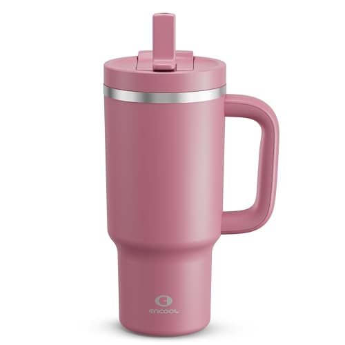 Image of ENCOOL 32 oz Tumbler with Handle and Straw: Stainless Steel Insulated Tumbler Keeps Cold for 24 Hours, Leakproof Travel Cup Fits in Cup Holder and BPA-Free,Turkish Rose