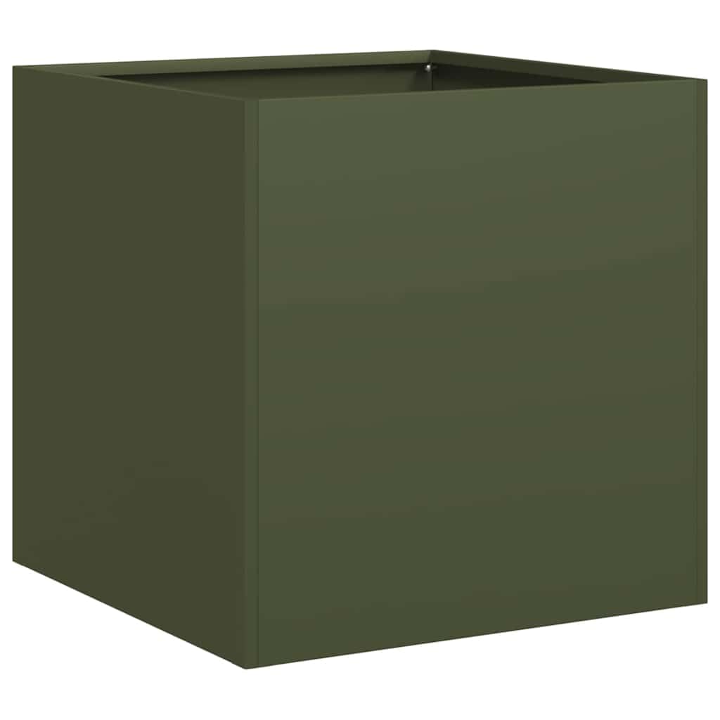 Donica na rośliny, oliwkowa zieleń, 40 x 40 x 40 cm, ze stali walcowanej na zimno – podwyższona grządka, skrzynka na kwiaty do ogrodu, na balkon i taras z otwartym dnem do odpływu wody i wsporników