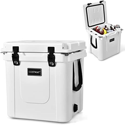 COSTWAY 31L Rotomolded Enhanced Ice Cooler Box, Portable Ice Retention Boxes with Cutting Divider, Basket, Cup Holders, Handle, Fish Ruler & Bottle Opener, Heavy Duty Fishing Camping Ice Chest