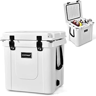 COSTWAY 31L Rotomolded Enhanced Ice Cooler Box, Portable Ice Retention Boxes with Cutting Divider, Basket, Cup Holders, Handle, Fish Ruler & Bottle Opener, Heavy Duty Fishing Camping Ice Chest
