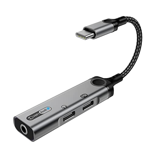 Lazata �C���z���ϊ��A�_�v�^�[ 32bit 384khz Hi-Fi���X���X���y�o�͉\/�����ʘb/���ʒ��� 3 in 1�uTYPE C�[�d�{TYPE C�C���z���o��+3.5mm�I�[�f�B�I�o�́v �u�O���[�v