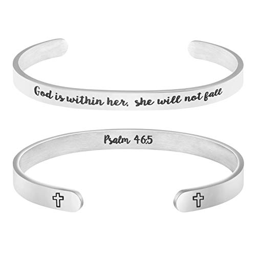 MEMGIFT Christian Bracelets for Women Inspirational Gifts for Her Bible Verse Jewelry Cuff Bangle God is Within her, she Will not Fall Psalm 46:5