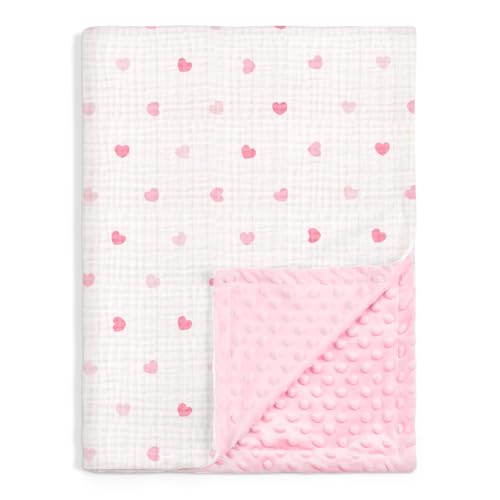 Image of SANDJEST Heart Minky Muslin & Dotted Blanket 30x40 in Gift for Holiday, Gender Reveal Party, Hospital Visit, Baptism