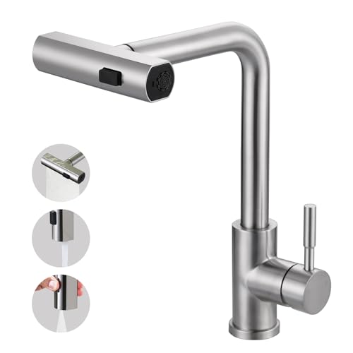 iVIGA Wasserhahn Küche, Küchenarmatur Ausziebar mit Brause, Hochdruck Wasserfall Spültischarmatur 360° Drehung Mischbatterie Armatur Küche, 3 Wasserstrahlarten, Gebürstetes Nickel