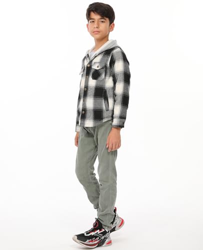 ZENTHACE Kids Boys Girls Sherpa Lined Flannel Shacket Jacket,Hooded Plaid Snap Shirt,Fall Winter Playwear2