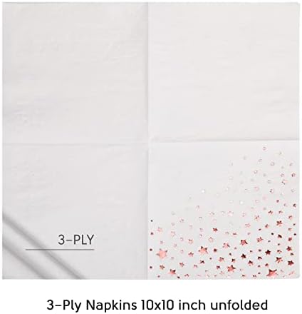 Stylish 5x5 Inch Rose Gold Star Napkins -100 Pack of White and Rose Gold Cocktail Napkins - Add Sparkle to Your Event with Party Napkins - 3 Ply Rose Gold Napkins - Disposable Wedding Napkins