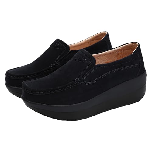 rismart Women's Walking Seankers Suede Leather Wedge Heel Slip on Trainers Shoes2