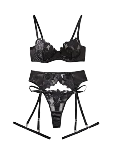 Image of Lilosy Sexy Leaf Floral Embroidered Mesh Sheer Women Underwire Push Up Lingerie Set