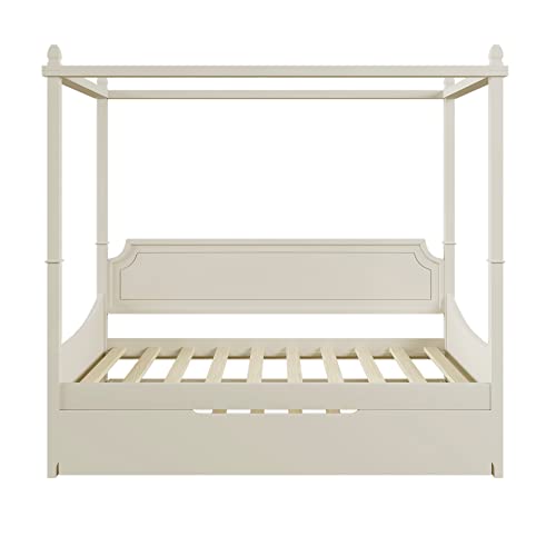 Twin Size Canopy Bed Frame With Trundle, Four-Poster Platform Bed With Slat Support, Solid Wood Bed Twin For Teens Adults, No Box Spring Needed, Easy Assembly (Milky White) #TOP3
