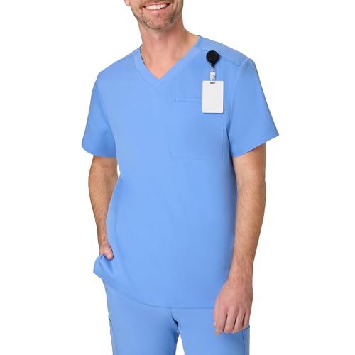 Hanes Mens Scrubs Healthcare Top, Scrub Shirt for Men, Moisture-Wicking & Odor Control, One Pocket, Ceil Blue 2, Large
