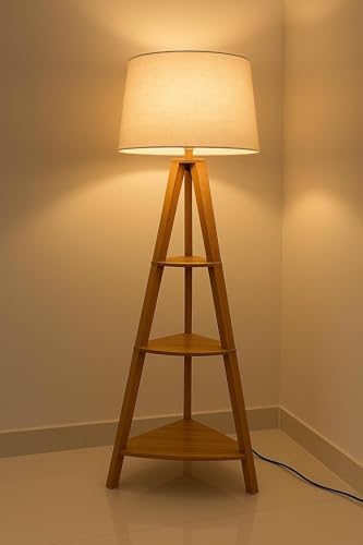 Image of Wooden Tripod Floor Lamp with 3-Tier Shelves, White Fabric Shade, Natural Wood Finish, Modern Corner Standing Light for Living Room, Bedroom and Office