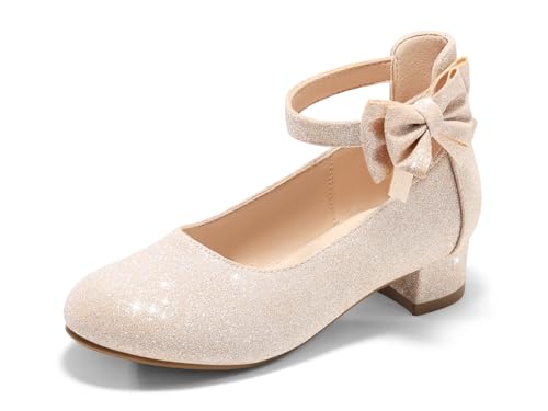 Image of Coutgo Girls Dress Shoes Flower Girl Bow Chunky Heels Closed Toe Ankle Strap Pumps Wedding Party Princess Shoes