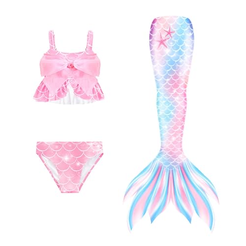 Traje de Baño Niños Inspirado en Sirena Set de 3 Piezas con Top y Cola para Niñas, Sesiones de Fotos, Fiestas de Cumpleaños y Juegos en el Agua