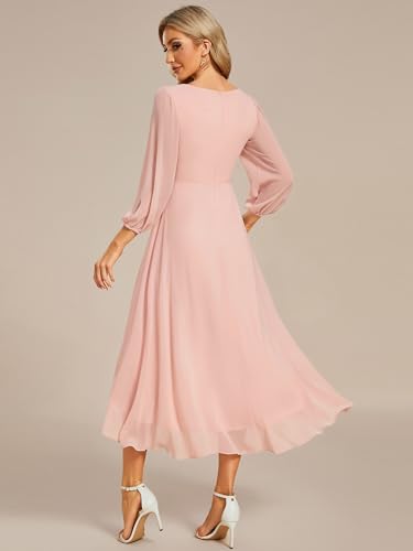 Image of Ever-Pretty Women's Chiffon V Neck Long Sleeves A-Line Midi Length Wedding Guest Dress Cocktail Party Formal Dresses 01926