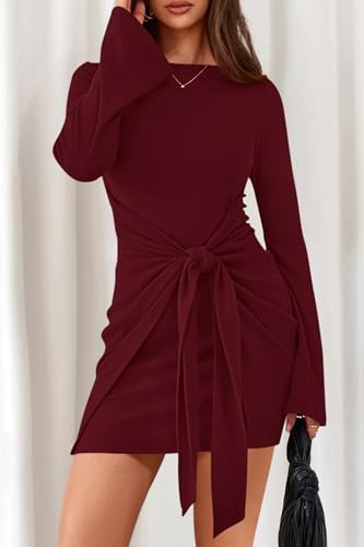 dowerme Women's Casual Mini Dress 2026 Bell Long Sleeve Boat Neck Tie Waist Bodycon Dresses Knitted Party Fall Outfits(Burgundy,X-Large) — view 4