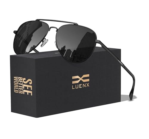 LUENX Aviator Sunglasses for Men Womens Polarized Driving Shades Black Lens Black Metal...