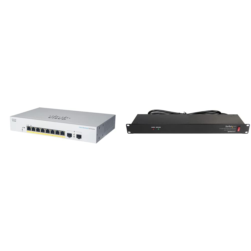 Cisco Business CBS220-8T-E-2G Smart Switch | 8 Port GE & StarTech.com 8 Outlet Horizontal 1U Rack Mount PDU Power Strip for Network Server Racks - Surge Protection - 120V/15A