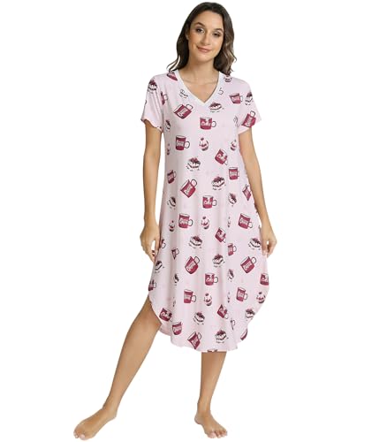 Image of NACHILA Nightgowns for Women-Viscose Made from Bamboo, V Neck Sleepshirts Short Sleeve Sleepwear Cool Nightshirt