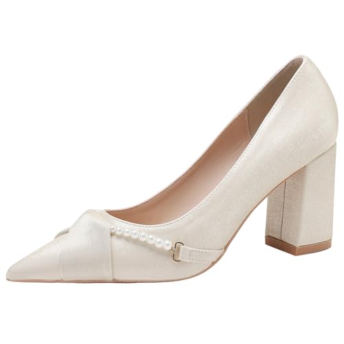 Wtharosa Uttalande klackskor för kvinnor, satäng, pärlkorsband, bred klack, spetsig tå, modepumps, skurna klackar för sociala evenemang och gatustil, Beige 5 cm, 34 EU