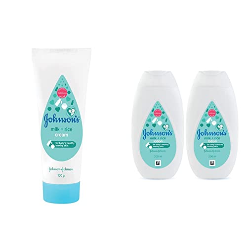 Image of Johnson's Baby Milk and Rice Cream for Summer, 100g with Johnson & Johnson Baby Milk and Rice Baby Lotion 200ml (Pack of 2)