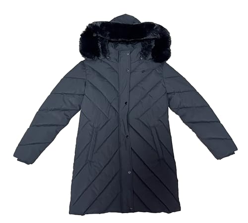 GOLDLADIES Long Winter Puffer Coat, Black Quilted Down Jacket with Faux Fur Hood